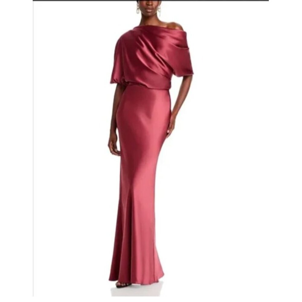 Amsale Draped Satin One-Shoulder Bridesmaid Wedding Gown Dress — Size 12 Cayenne